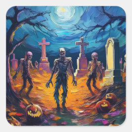 Zombies Rising in Moonlit Graveyard with Pumpkins Quadratischer Aufkleber