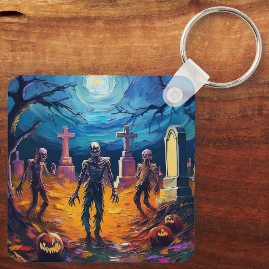Zombies Rising in Moonlit Graveyard with Pumpkins Schlüsselanhänger (Rückseite)