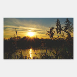 Zonsondergang bij een meertje met rietpluimen. rechteckiger aufkleber