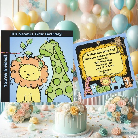 Zoo Animals Giraffe Lion Geburtstag Custom Einladu Einladung