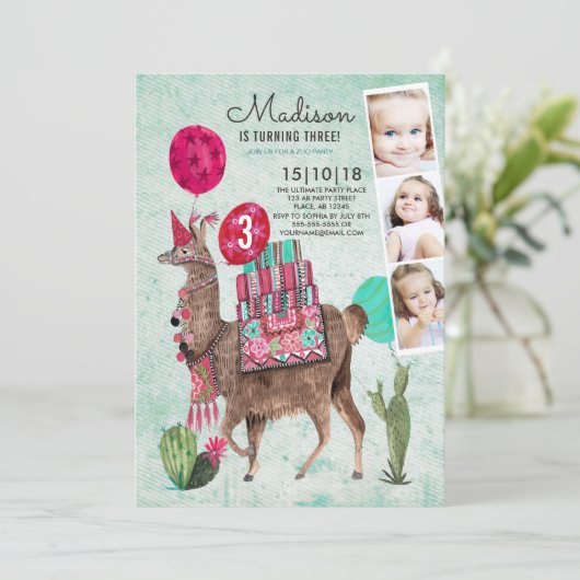 Zoo Party Birthday | Llama | Aufforderungen Einladung (Stehend Vorderseite)
