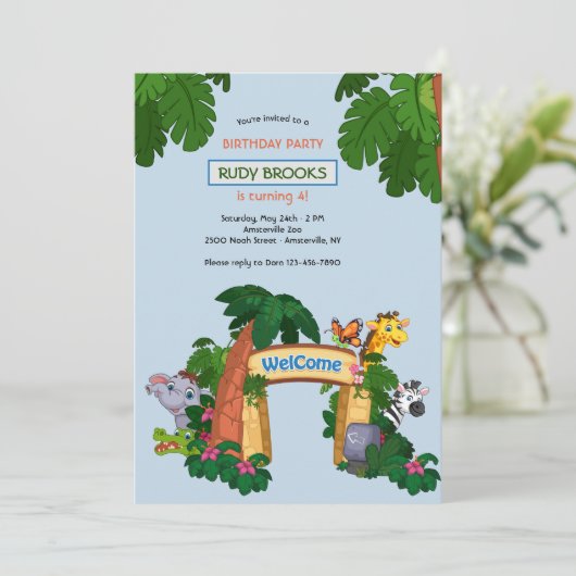Zoo Willkommen Geburtstagsparty Einladung (Stehend Vorderseite)