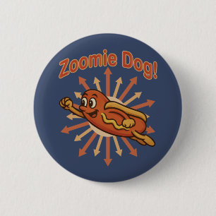 Zoomie Dog Flying Hot Dog Cartoon - Fun Retro Button