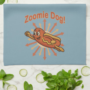 Zoomie Dog Flying Hot Dog Cartoon - Fun Retro Geschirrtuch