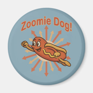Zoomie Dog Flying Hot Dog Cartoon - Fun Retro Magnet