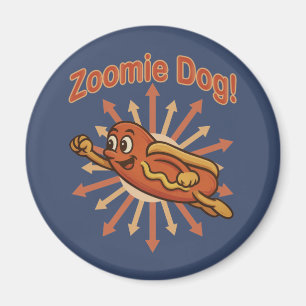 Zoomie Dog Flying Hot Dog Cartoon - Fun Retro Magnet