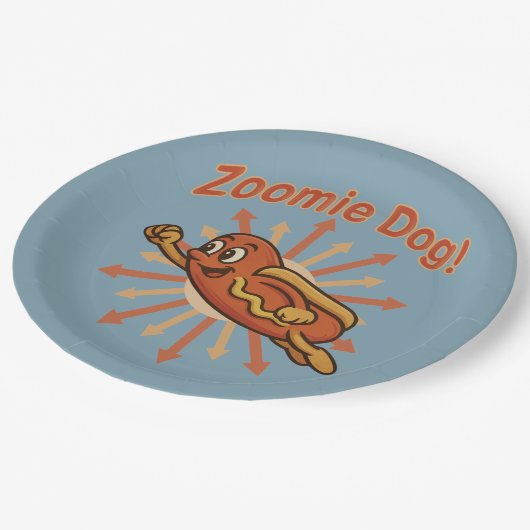 Zoomie Dog Flying Hot Dog Cartoon - Fun Retro Pappteller (Schrägansicht)