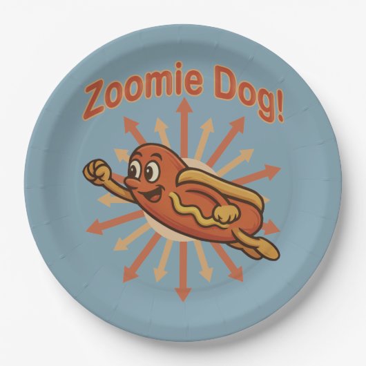 Zoomie Dog Flying Hot Dog Cartoon - Fun Retro Pappteller (Vorderseite)