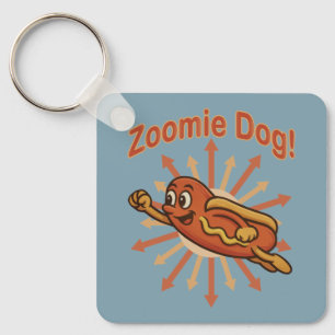 Zoomie Dog Flying Hot Dog Cartoon - Fun Retro Schlüsselanhänger