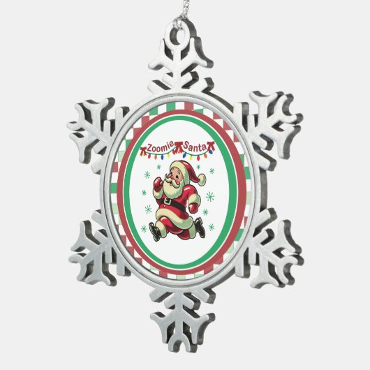 Zoomie Santa Christmas Schneeflocken Zinn-Ornament (Rechts)