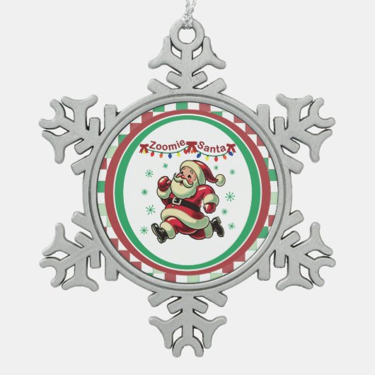 Zoomie Santa Christmas Schneeflocken Zinn-Ornament (Vorderseite)
