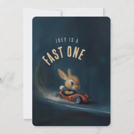 Zooming Bunny - Einladung zum ersten Geburtstag (Vorderseite)