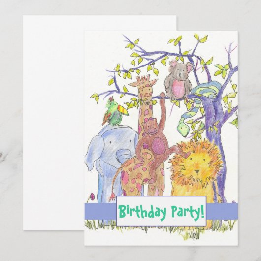 Zootiere Einladung zum Geburtstag (Vorne/Hinten)