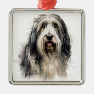 ZOTTELIGER GRAUER UND WEISSBÄRTIGER COLLIE-HUND ORNAMENT AUS METALL