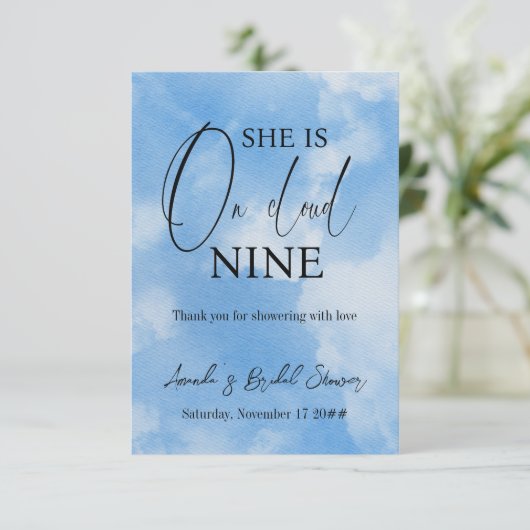 zu Cloud Nine Calligraphy Blue Brautparty Vielen D Dankeskarte (Stehend Vorderseite)