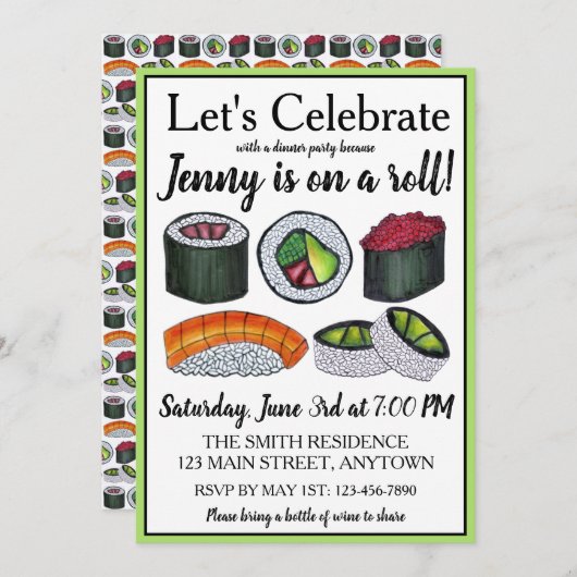 Zu einer (Sushi) Roll Gratulationen Feier Einladung (Vorne/Hinten)