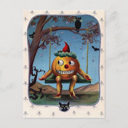 Zu Halloween-Abend auf einer Schaukel gesäumter Kü Postkarte (Vorderseite)