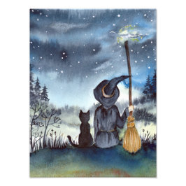 Zu Halloween Black Cat und The Hexe Starry Night Fotodruck