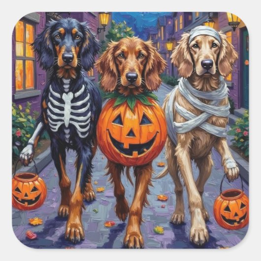Zu Halloween-Trick oder -Behandlung von Hunden aus Quadratischer Aufkleber (Vorderseite)