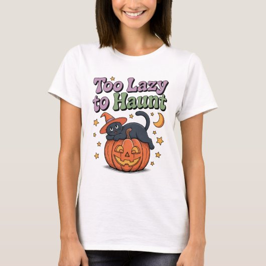 Zu lazy to Haunt T - Shirt - Kawaii Cat on Pumpkin (Vorderseite)