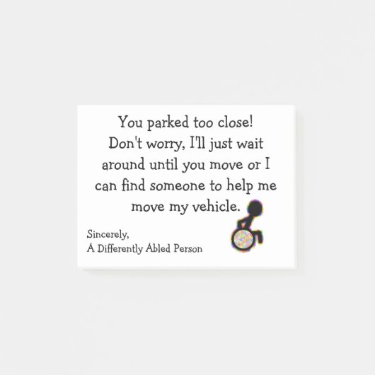 Zu Nah geparkt nach dem Frühstück. Post-it Klebezettel (Vorderseite)