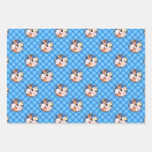 Zuchtbarnyard Tiere Gingham blau Geschenkpapier Set (Vorderseite 2)