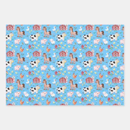 Zuchtbarnyard Tiere Gingham blau Geschenkpapier Set (Vorderseite)