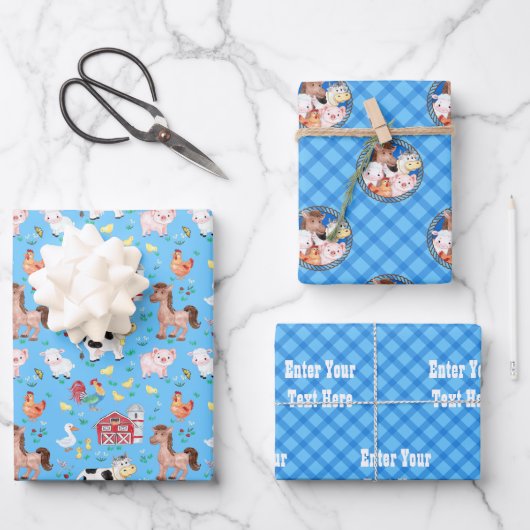 Zuchtbarnyard Tiere Gingham blau Geschenkpapier Set (Vorderseite)