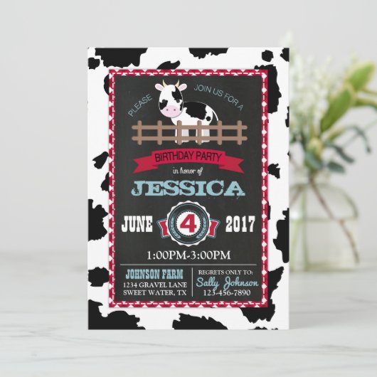 Zuchttierkuh Cowhide Gingham Country Birthday Einladung (Stehend Vorderseite)