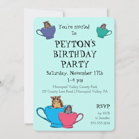 Zucker Glider in Teekuchen Maßgeschneiderte Geburt Einladung (Vorderseite)