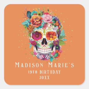 Zucker-Schädel-Blumen rufen zum Geburtstag aller S Quadratischer Aufkleber