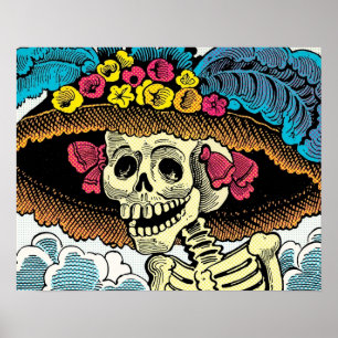 Zucker-Schädel-Dame in floralem Sonnenhut Pop-Art- Poster