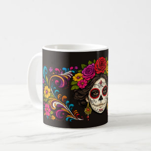 Zucker-Schädel-Dame Weiße Linienkunst   Gothic  Kaffeetasse