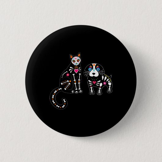 Zucker-Schädel-Katze und Hund lustiger Halloween Button (Vorderseite)
