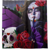 Zucker Schädel-Rote Rosen Lila Duschvorhang (Vorderseite)