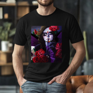 Zucker Schädel-Rote Rosen Lila T-Shirt