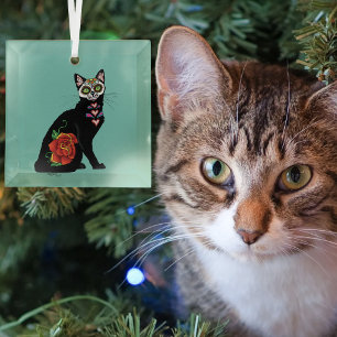 Zucker-Schädel-Schwarze-Katze-Rose-Teal-Herz Ornament Aus Glas
