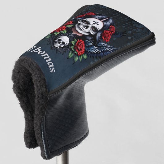 Zucker Schädelgel mit Rose. Golf Headcover (3/4 Vorderseite)