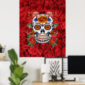 Zucker Skull Rosa Rote Rosen Urlaub Große Poster (Heimbüro)