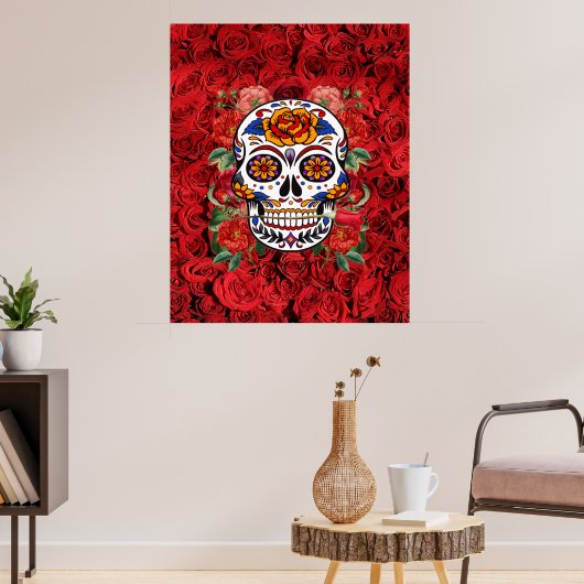 Zucker Skull Rosa Rote Rosen Urlaub Große Poster (Wohnzimmer 3)