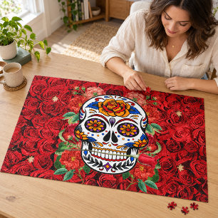 Zucker Skull Rosa Rote Rosen Urlaub Große Puzzle