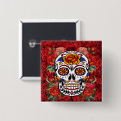 Zucker Skull Rosa Rote Rosen Urlaub Pinback Button (Vorne & Hinten)
