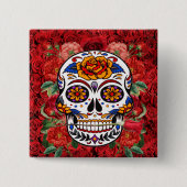 Zucker Skull Rosa Rote Rosen Urlaub Pinback Button (Vorderseite)