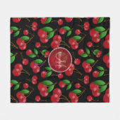 Zuckerkirschen-Muster auf Schwarz-w-Name-Monogramm Fleecedecke (Vorderseite (Horizontal))