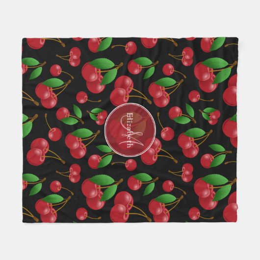 Zuckerkirschen-Muster auf Schwarz-w-Name-Monogramm Fleecedecke (Vorderseite (Horizontal))