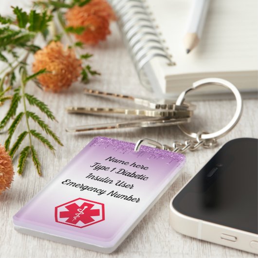 Zuckerkranker lila Glitzer medizinischer wachsamer Schlüsselanhänger (Vorderseite rechts)