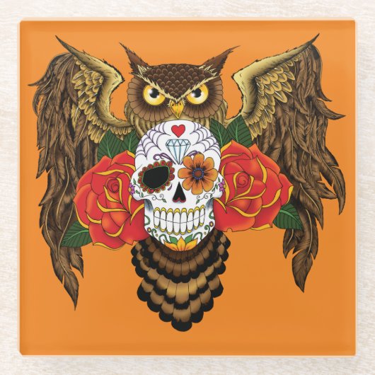 Zuckerkull-Rose Owl Glasuntersetzer (Vorderseite)