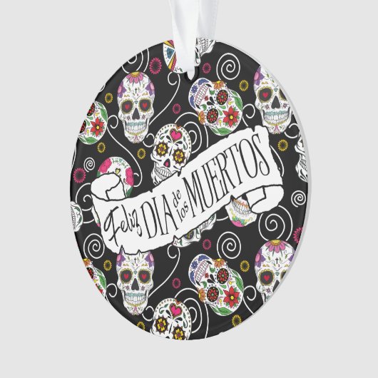 Zuckerkulls und Wirbel Rose Schwarz ID725 Ornament (Vorderseite)