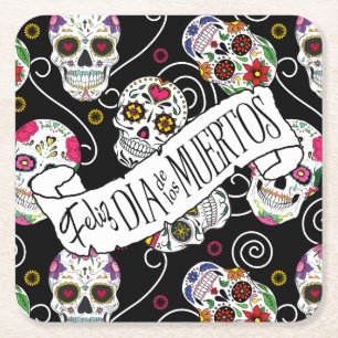 Zuckerkulls und Wirbel Rose Schwarz ID725 Rechteckiger Pappuntersetzer