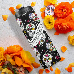 Zuckerkulls und Wirbel Rose Schwarz ID725 Thermosbecher